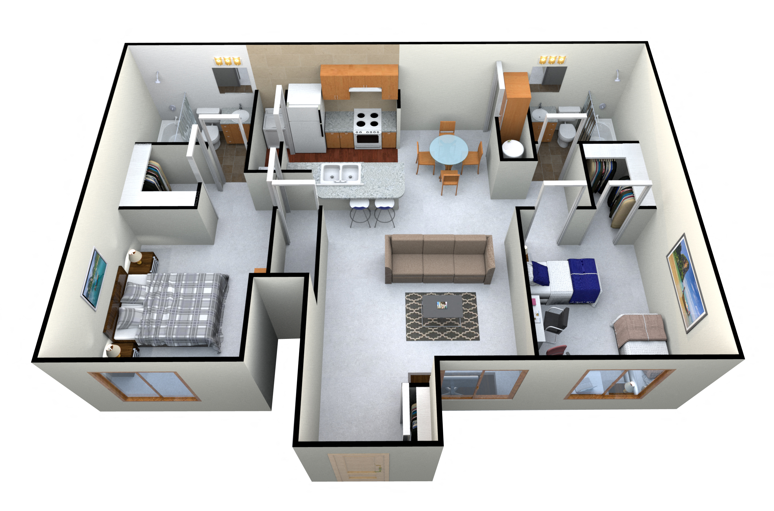Floor plan for 2 beds, 2 baths, 957 sqft